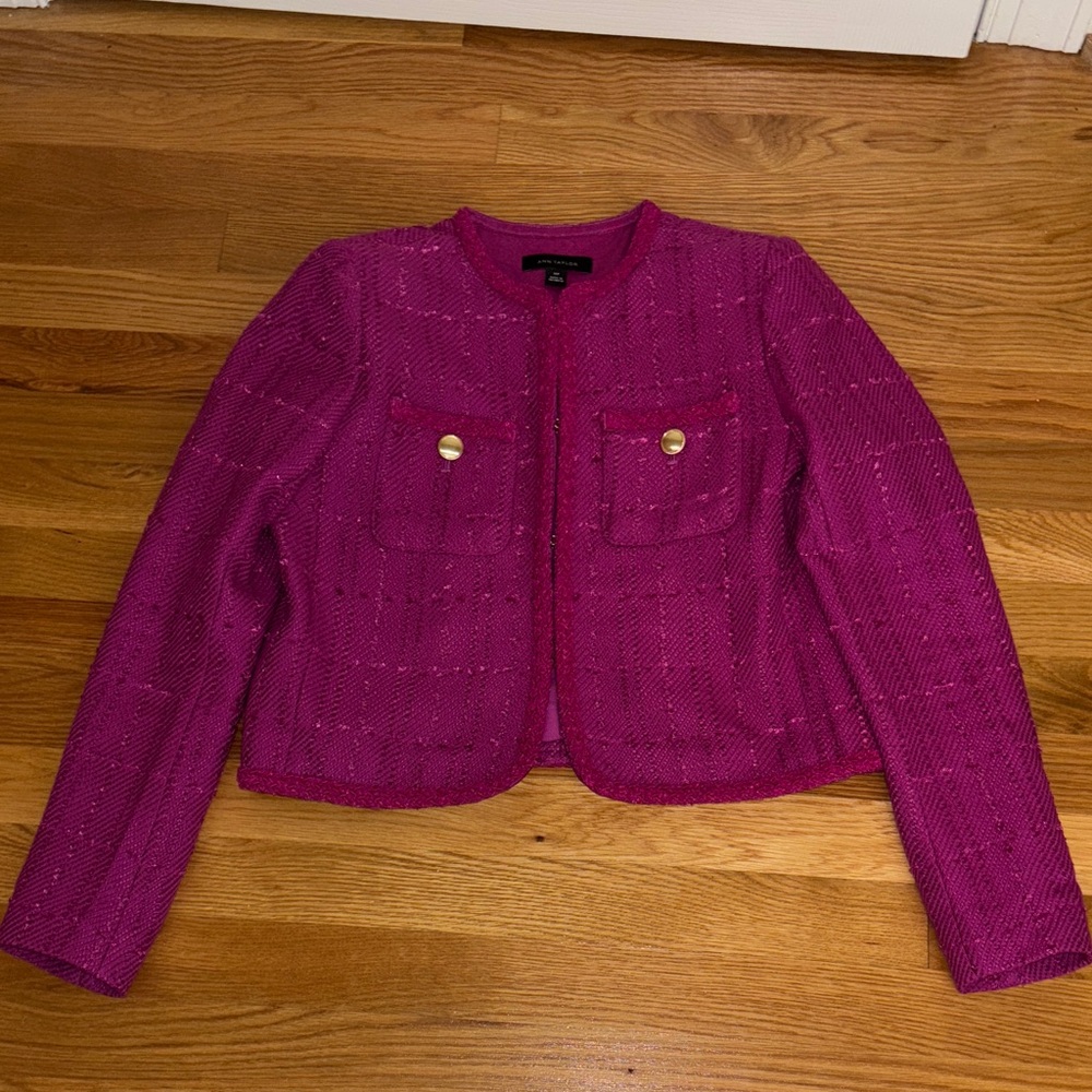 Ann Taylor Petite XXS Fuchsia Tweed Blazer with Gold Accents
